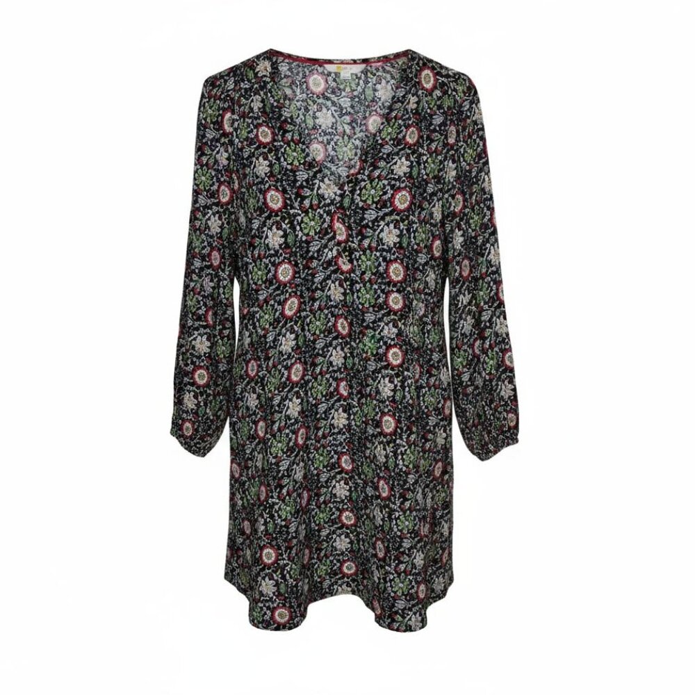 Boden Floral Tunic Dress Womens 6 Black Boho Shift Dress Long Sleeve V Neck